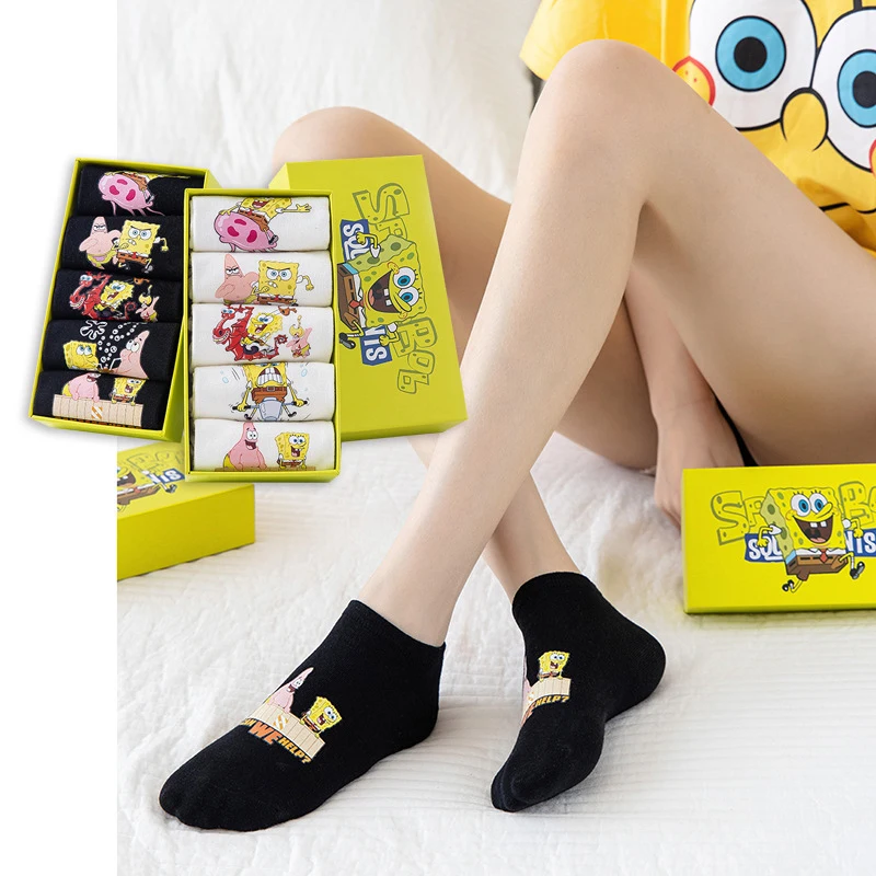 5pairs SpongeBob SquarePants Patrick Star Action Figure Adult Shortsocks Anime Printed Cotton Boat Socks Boxed Birthday Gifts