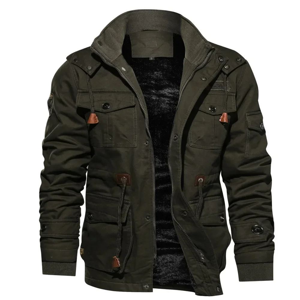 Casual Military Detachable Cotton Men's Multi-pocket Men's Cargo Jacket Autumn Winter Warm Fleece Hooded Coat Top