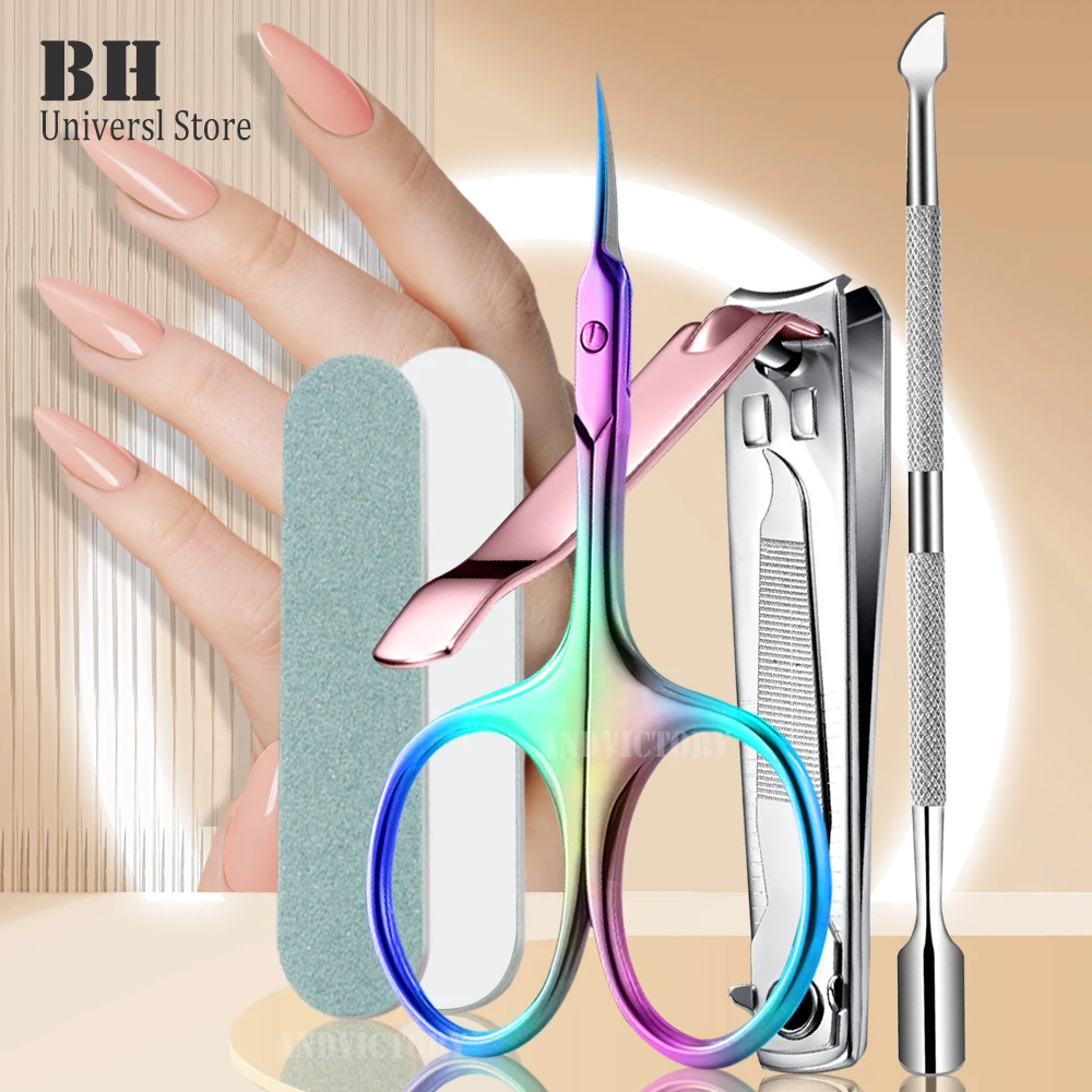 

5Pc/Set Cuticle Scissors Nail Clipper with Cuticle Pushers Extra Fine Curved Blade Professional Cuticle Trimmer Set Manicure Kit