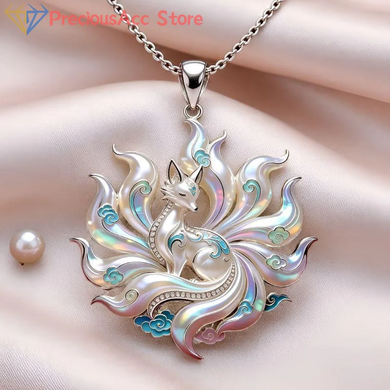 Nine Tailed Fox Enamel Pendant Necklace Mythology Jewelry Gift For Women Friends Fashion Accessory
