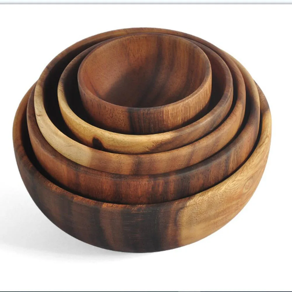 Jaswehome 1Pcs Salad Bowl Natural Acacia Wood Handmade Tableware Salad Grains Dried Fruit Shallow Mouth Bowl