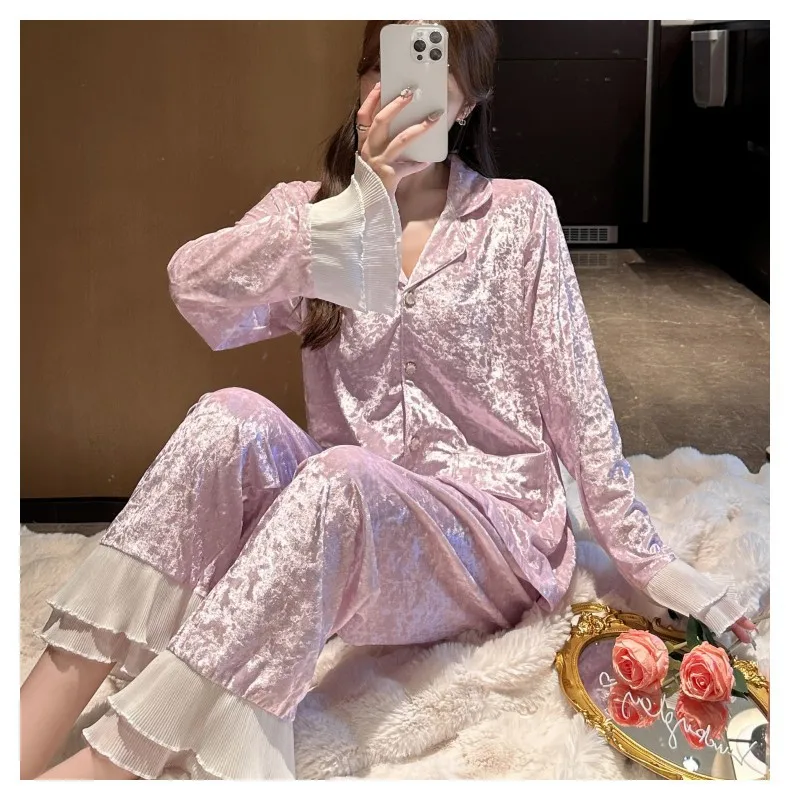 Autumn Winter Pajamas Suit Princess Trousers Set Warm Velvet Sleepwear for Women Print Home Clothes Sexy Loungewear Nightwear