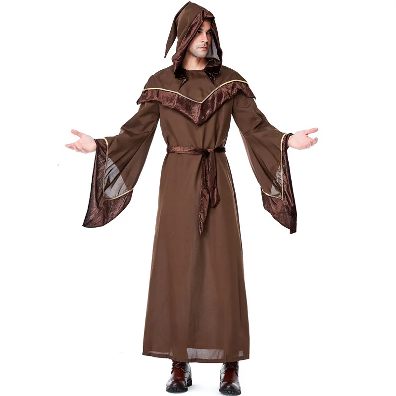 Adult Men Magic Witch Wizard Robe Gown Hooded Dress Belt Set Halloween Role Play Dress Up Cosplay Costume