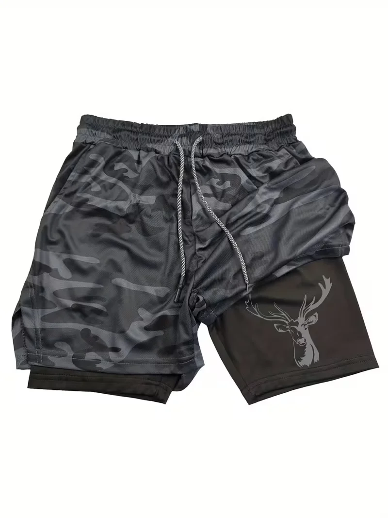 Men's summer breathable dual-purpose double-layer shorts with elastic compression and quick drying multifunctional sports shorts