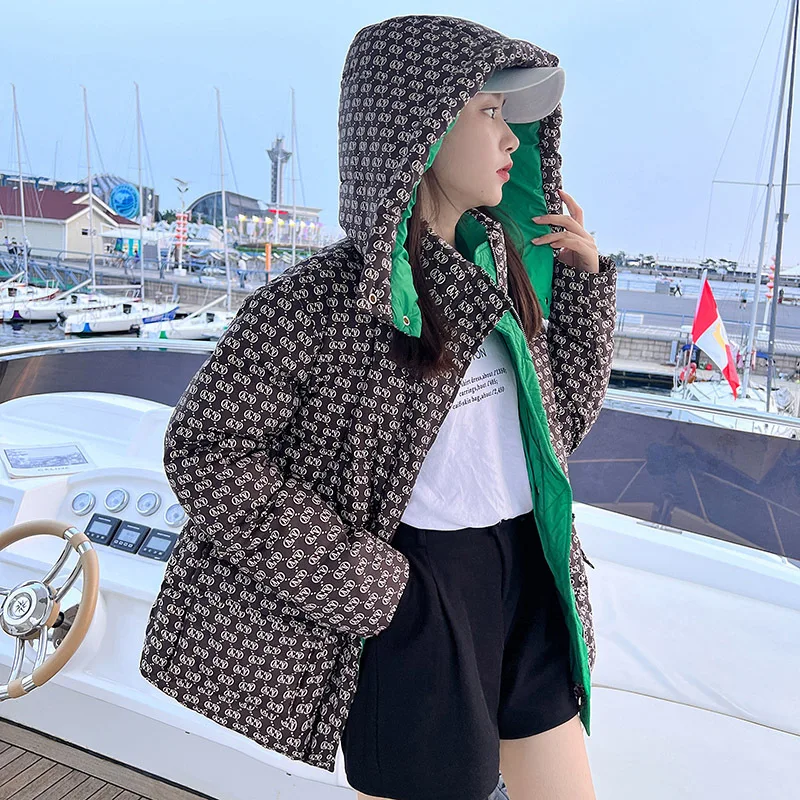 Winter Down Cotton Jacket Women 2023 Korean Version the Loose Hat Short Printed Down Cotton Jacket Female Outwear Top