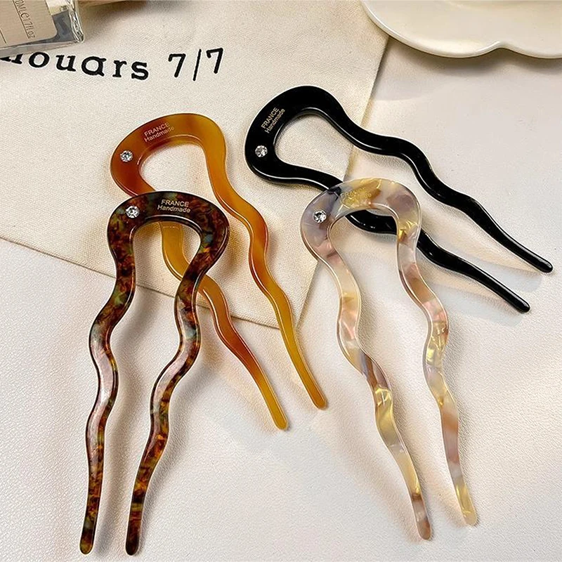 French Twist Hair Stick Hair Clip Acetate Wavy U-Shaped Hairpin Vintage Tortoise Shell Women Hair Bun Pin Headwear Accessories