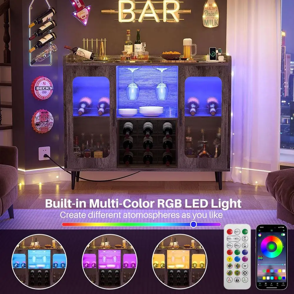 Wine Bar Cabinet with Power Outlet, Liquor Cabinet Bar with LED Light and Glass Holder, Home Coee Bar Cabinet, Buet Sideboard wi - view 4