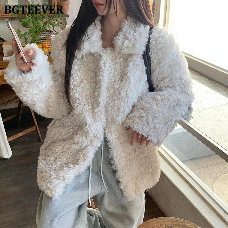 

BGTEEVER Stylish Thicken Warm Loose Cardigans Coats for Women Winter Stylish Long Sleeve Lapel Female Single-breasted Overcoats