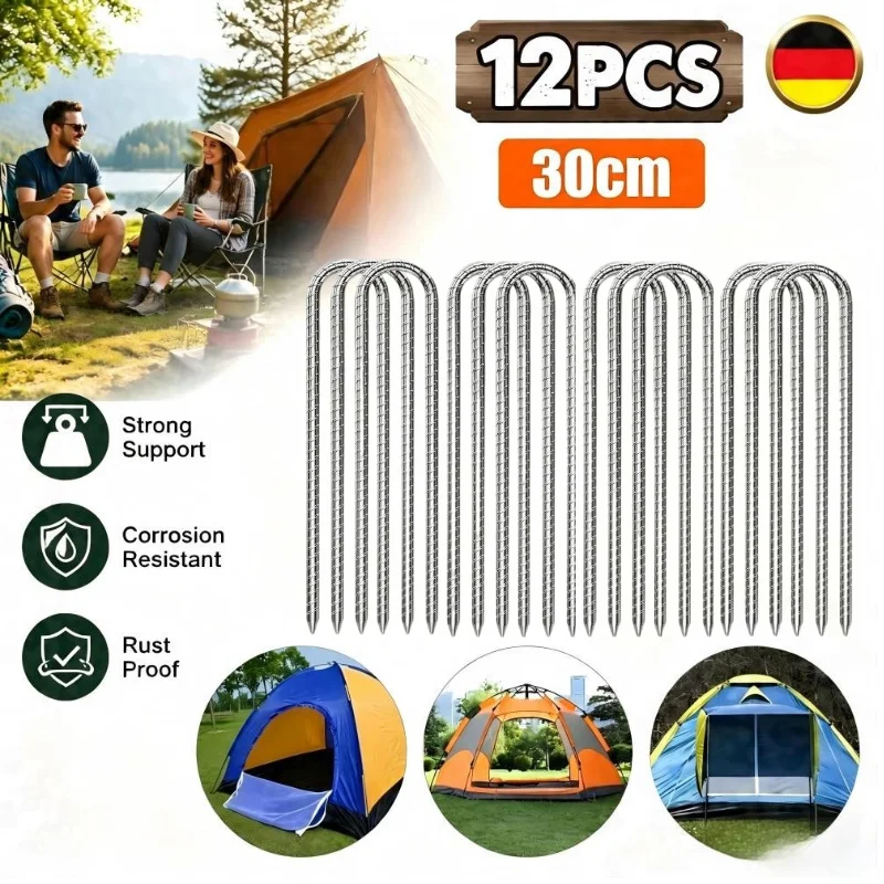 Zelten Trampolin Windpfähle robust U-Typ scharfe Enden Sicherheits-Bodenanker verzinkter Stahl für Fußballtore Campingzelte und riesige Gartendekoration (30cm Windspiele, 12 Stück)