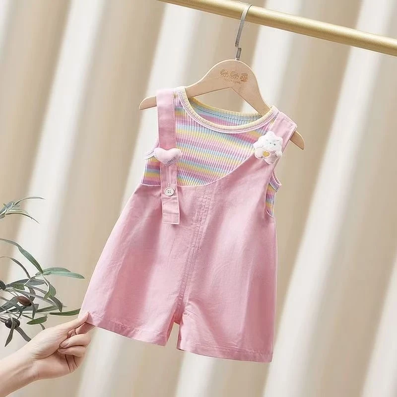 Girls' Overalls Set Summer New Fashionable and Super Cute Casual Two-Piece Outfit for Young Girls