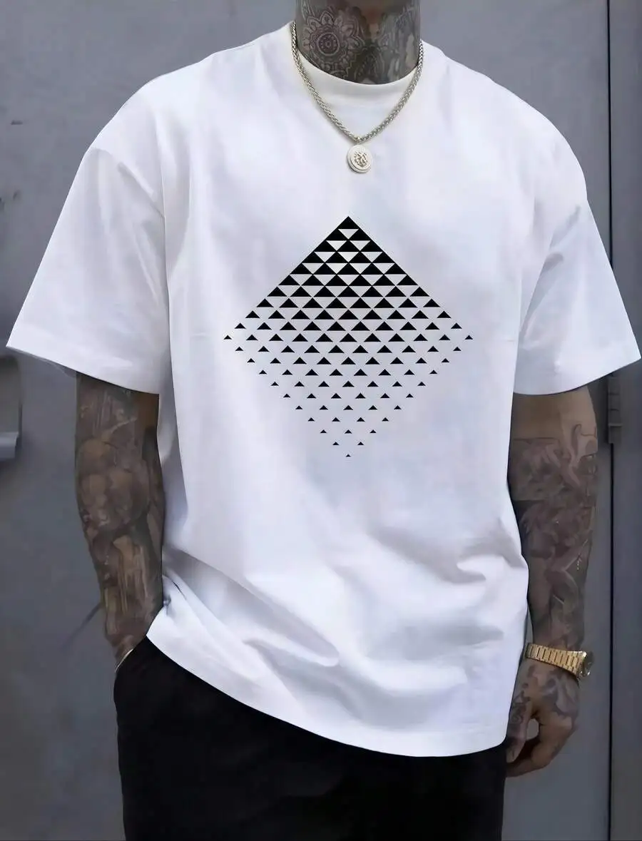 1pc Man' Geometric Triangle Gradient Print White TShirt Crew Neck Casual Cotton Tee Medium Stretch Knit Fabric Regular Fit For B