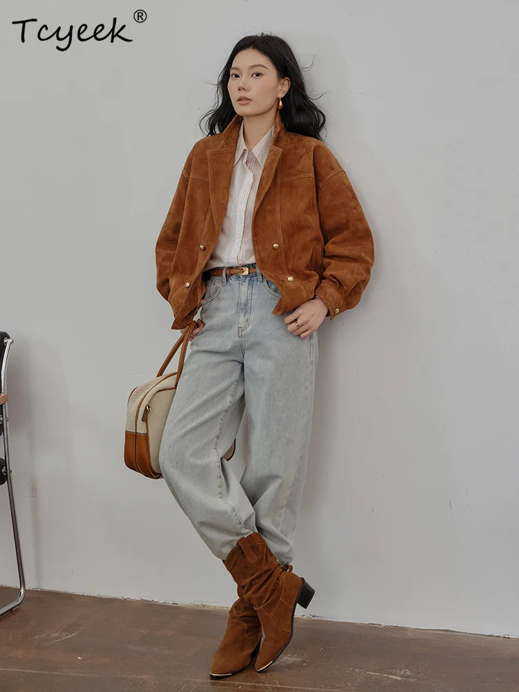 Tcyeek Schaffell Frühling Herbst High-End Trendy Anzug Kragen Wildleder Braun Damen Echtlederjacke Ж Ett Bydyddydd Mohamed