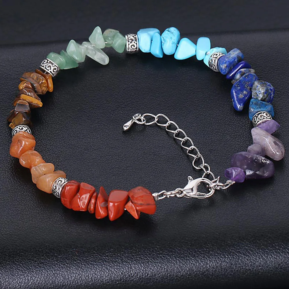 7 Chakra Natural Chip Stone Bracelet Natural Healing Crystal Link Lobster Chain Bracelets for Energy Balance Meditation Yoga