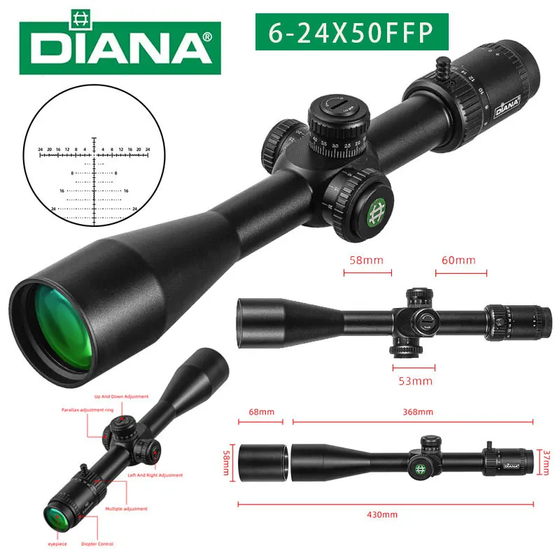 DIANA HD 6-24X50 FFP Hunting Scope First Focal Plane Riflescopes Tactical Glass Etched Reticle Optical Sights Fits .308