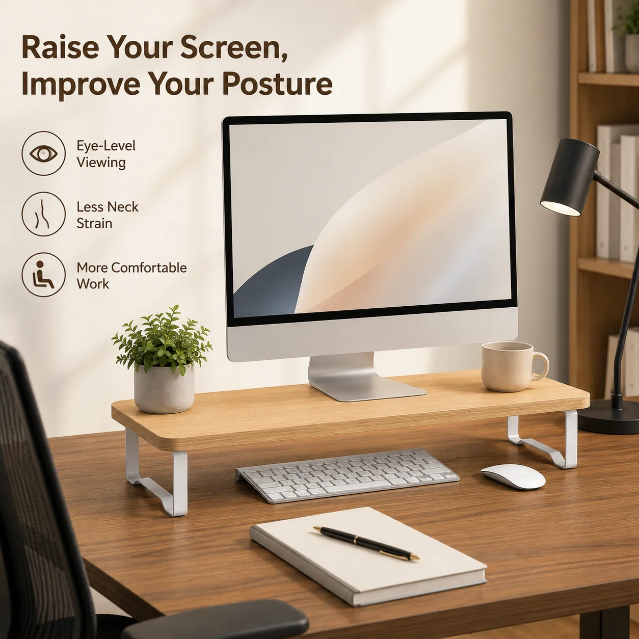 Wood Monitor Stand Riser with Metal Legs, Ergonomic Desktop Computer Laptop Stand for Home Office Desk Organization