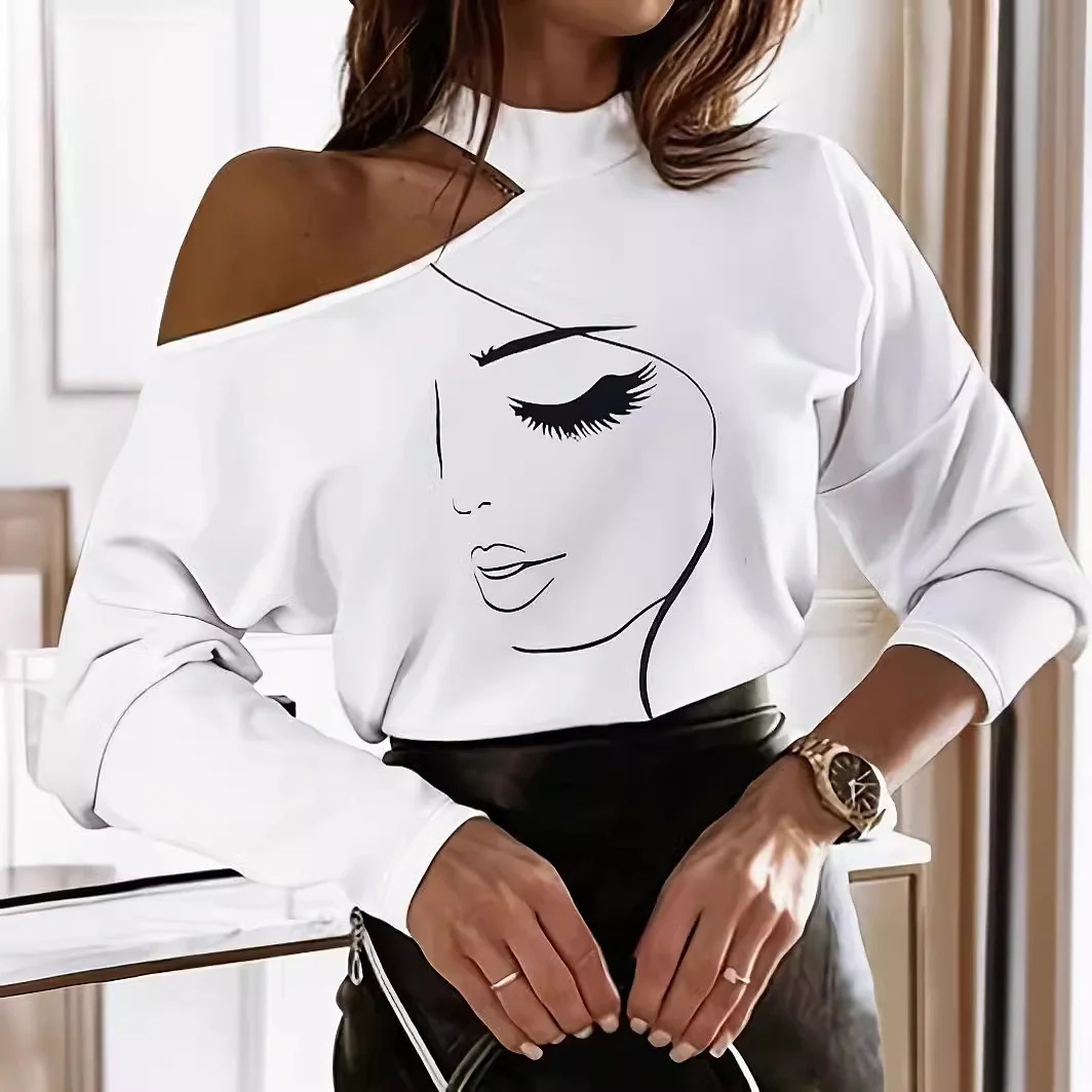 

Character Abstract Printed Off Shoulder Sexy Shirt For Women Long Sleeveless Hollow Out White Korean Versionblue Blouse Fall Top