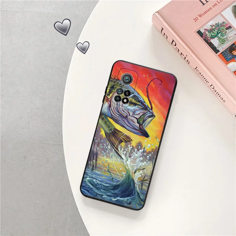 Phone Case For Redmi 10C 10A Note 11 Pro 10 10s 11s Cartoon Carp Fishing Art Xiaomi 10t 11t Lite Black Soft Protective Cover image 3