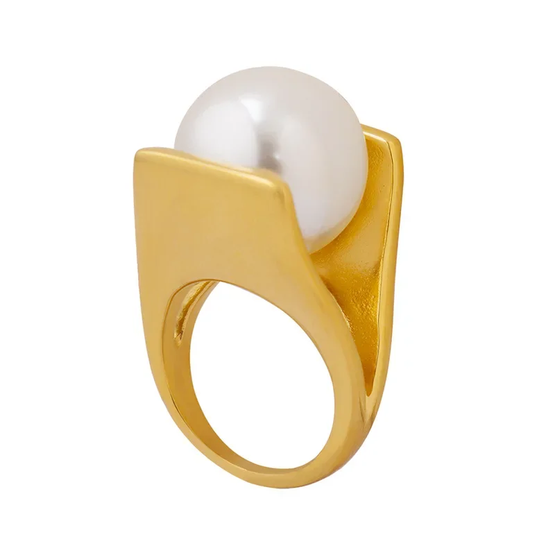 ALLNEWME Dainty Y Shaped Simulated Pearl Big Charm Rings for Women  Gold PVD Plated Stainless Steel Geometric Chunky Ring