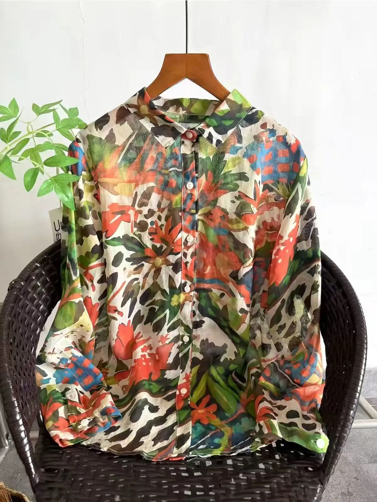 Bohemian Tropical Floral Leopard Ramie Linen Blouse for Women Colorful Botanical Animal Print Lapel Collar Long Sleeve Shirt
