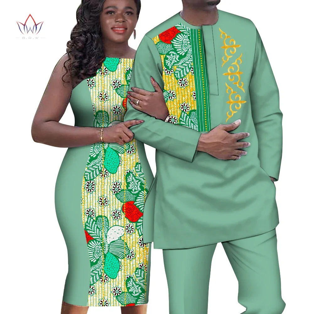 African Print Couple Clothing for Lovers Men Top Pant Set and Women Sleeveless Dress Bodycon Party Wedding Dresses WYQ644