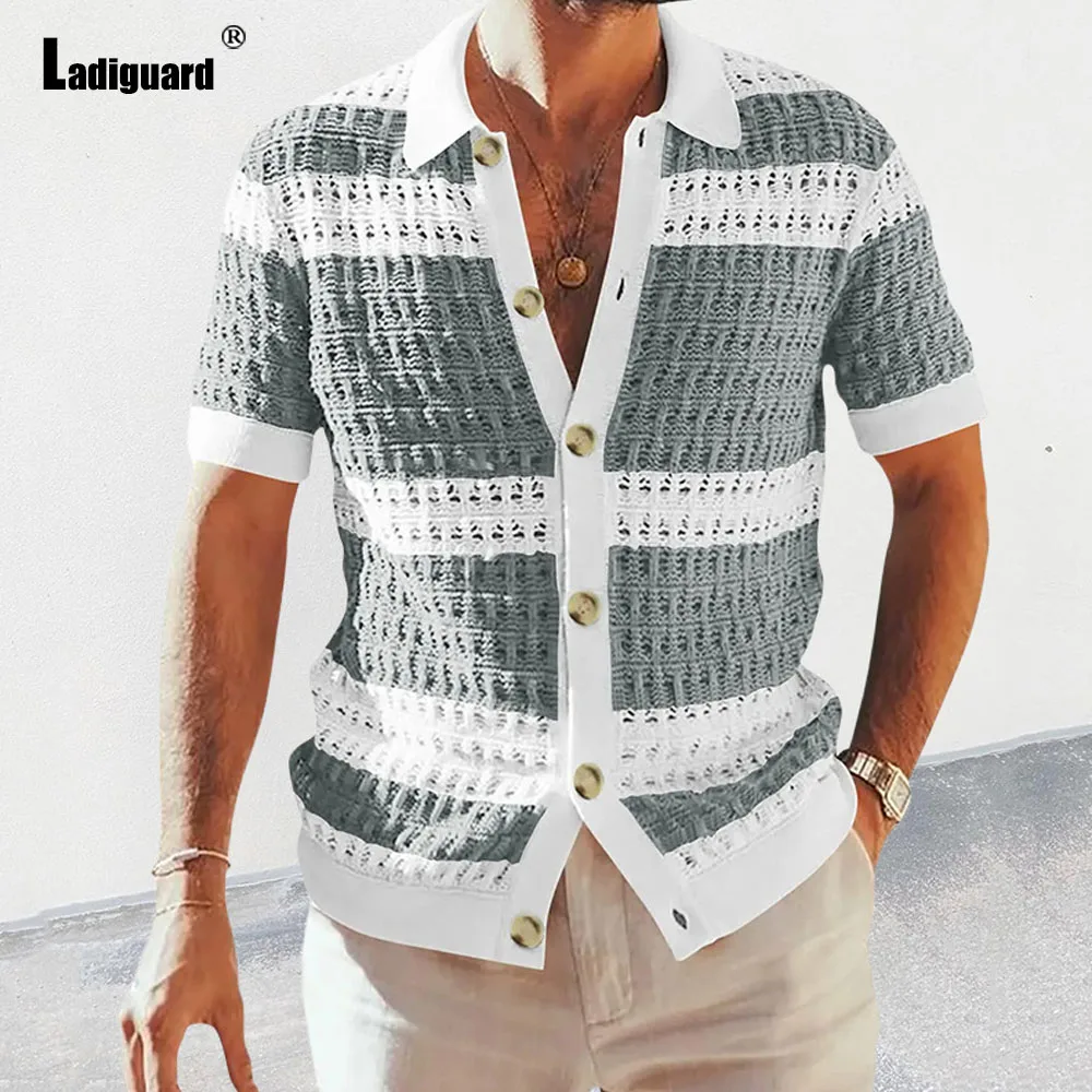 Ladguard-blusas de tricô de manga curta para homens, tamanho grande, cardigans listrados, tamanho grande, moda, para a praia, novo verão 2024