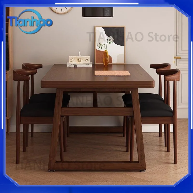Large Rectangular Fast Food Table with 4 Chairs for Commercial Restaurants and Cafes Walnut Wood Finish Dining Table Set