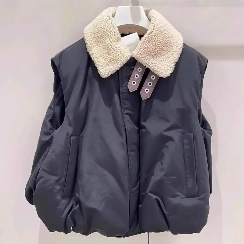 

Elegant Black Women's Vest New Autumn Winter Cotton Blend V-neck Short Style Fashionable Shoulder Pad Cotton Blend Vest