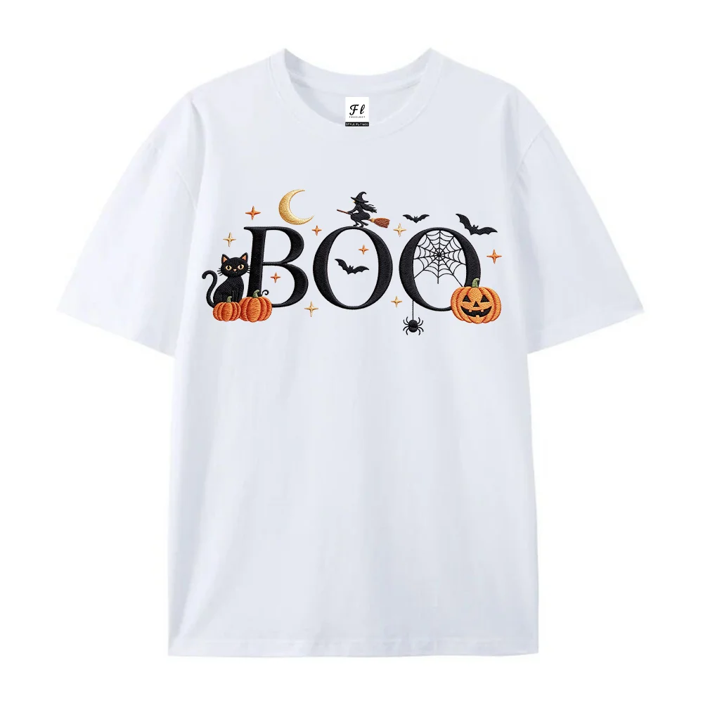 Womens Halloween BOO Graphic T Shirts Pumpkin Cat Bat Print Short Sleeve Casual Summer Cotton Tee Tops