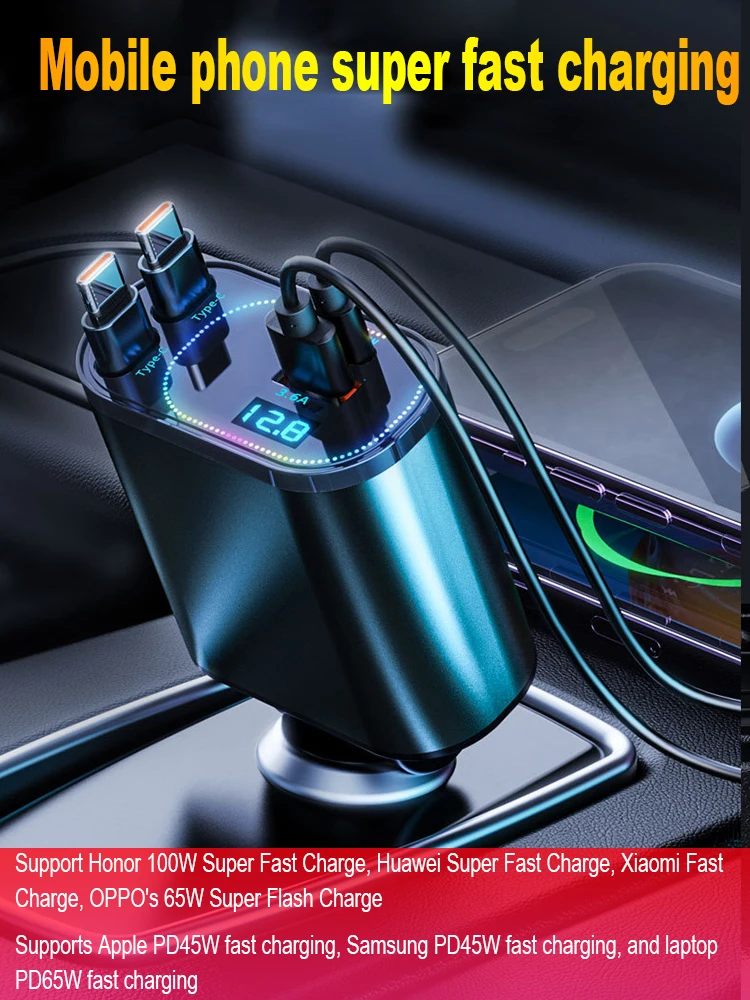 

Retractable Car Charger Cigarette Lighter Adapter USB Type C Fast Charger Cable for iPhone Xiaomi Huawei Samsung 240W/20W