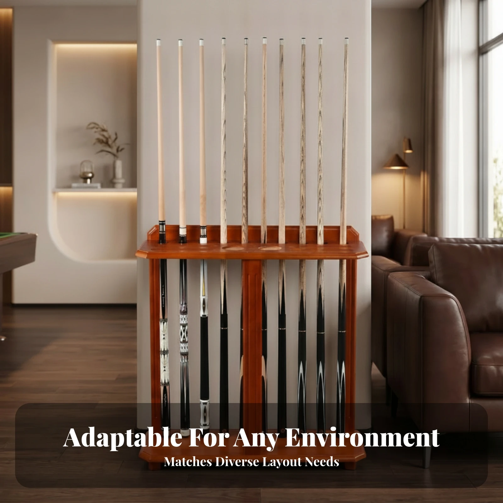 Freestanding Cue Holder Walnut Finish Billiard Cue Rack for Game Room