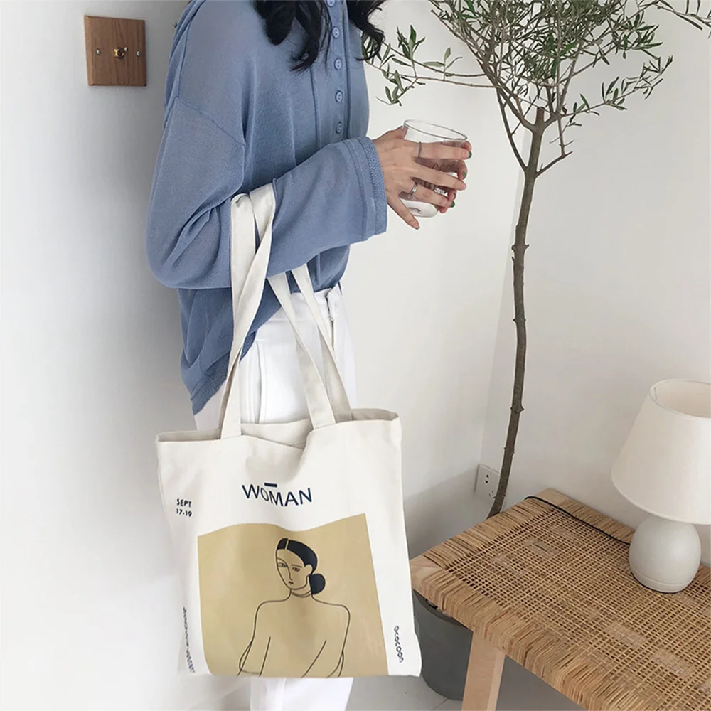 Harajuku Canvas Female Shopper Bag Simple Women Shoulder Bags High Capacity Open Zipper Lether Cloth Book Bags Bolsas De Lona