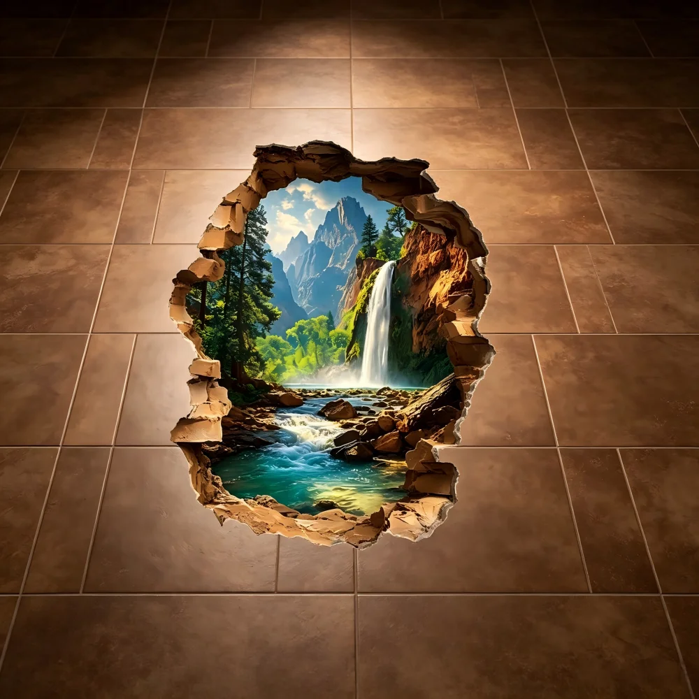 Wall breaking landscape waterfall floor sticker -2D flat printing, realistic style, natural landscape decoration sticker