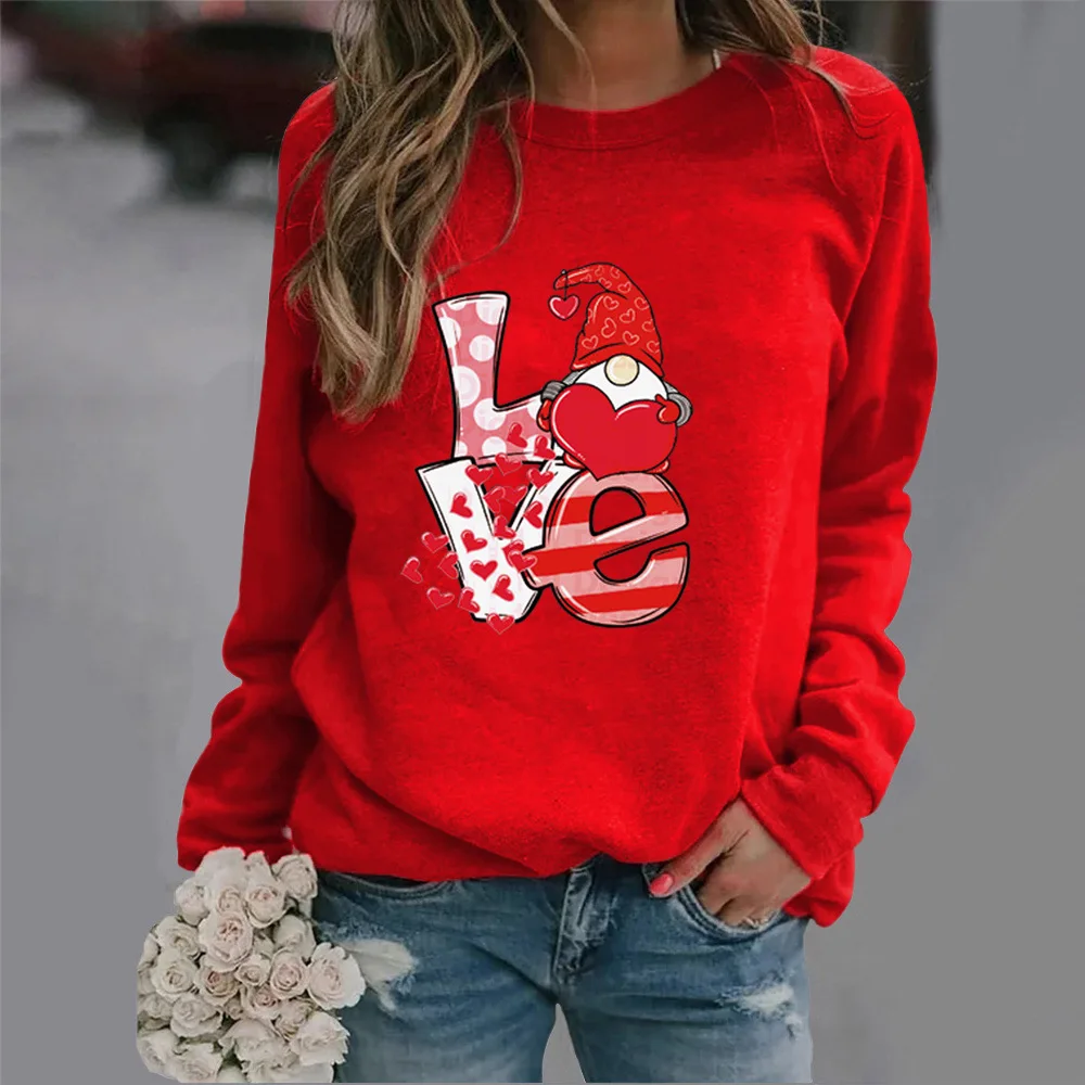 Sudadera con capucha de cuello redondo con estampado navideño de amor, nuevas sudaderas de gran oferta para el Día de San Valentín europeo y americano, ropa de calle para mujer