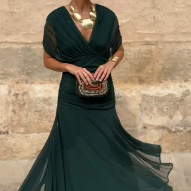 メッシュプリント レディース Vネック 宴会ドレス カジュアル オフショルダー プリーツ ロングドレス サマー レトロ ハイウエスト 半袖 ワンピース