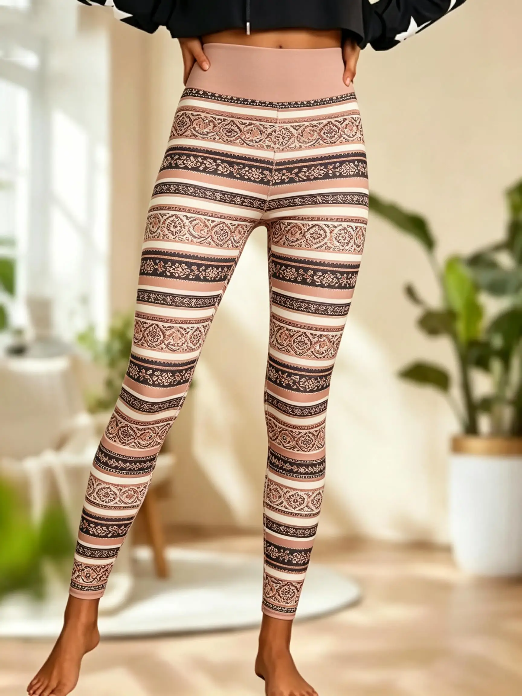 Women Fleece‑lined Mid‑rise Leggings Black White Striped Vintage Lace Geometric Print Slim Stretch Casual Pants