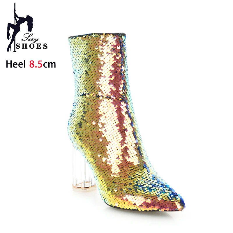 Women Boots Sequined BlingBling Chunk Heel Shoes 2023 Autumn Winter Pointed Crystal High Heels Gold Short Boots Feminim Booties