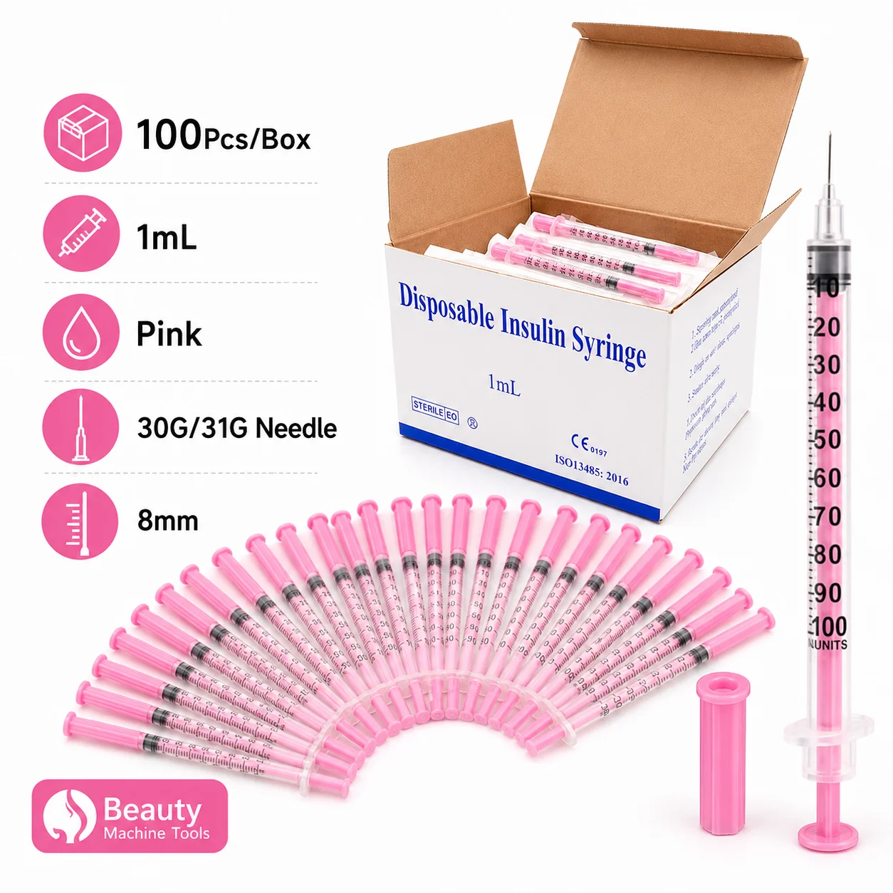 Beauty Makeup Organizer - 100Pcs/Box Beauty 1ml Pink Insulin Syringe