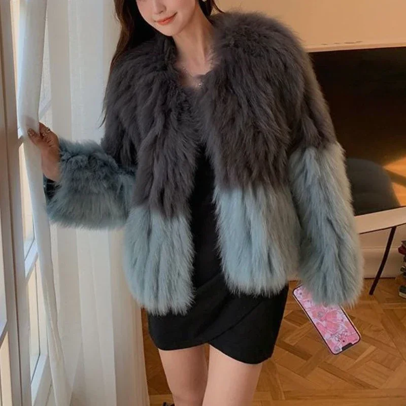 

Collarless Contrast Color Faux Fur Short Jacket Coat for Women Fashion Warm Fake Rabbit Hair Outerwear