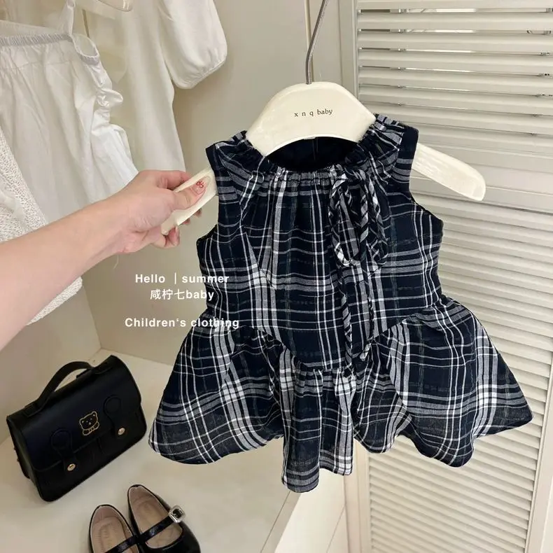 Korean Summer Girls Stylish Plaid Dress Baby Girl Tie Sleeveless Dress Kids Cotton Shirred Skirt