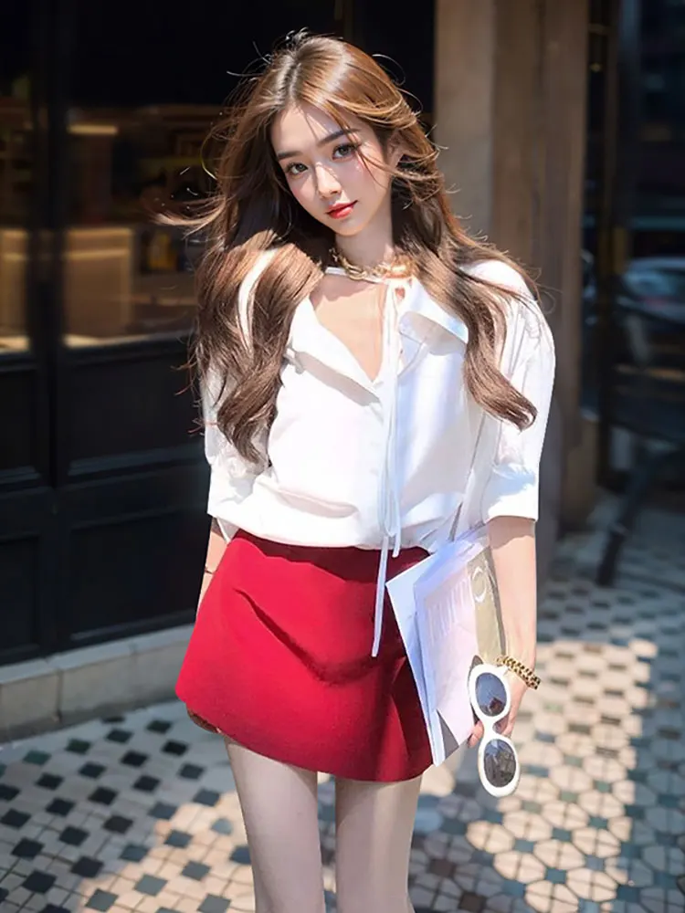 

Корейский дизайн Sensation Set, женский весенний комплект 2024, новая высококачественная белая красная юбка ort, комплект из двух предметов, Faionable Ense...
