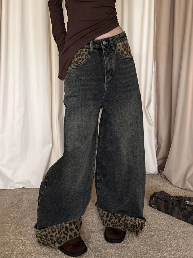 2025 American Retro Y2K Patchwork Denim Pants Women Leopard Print Trousers Oversized Wide Leg Casual Streetwear Jeans Versatile