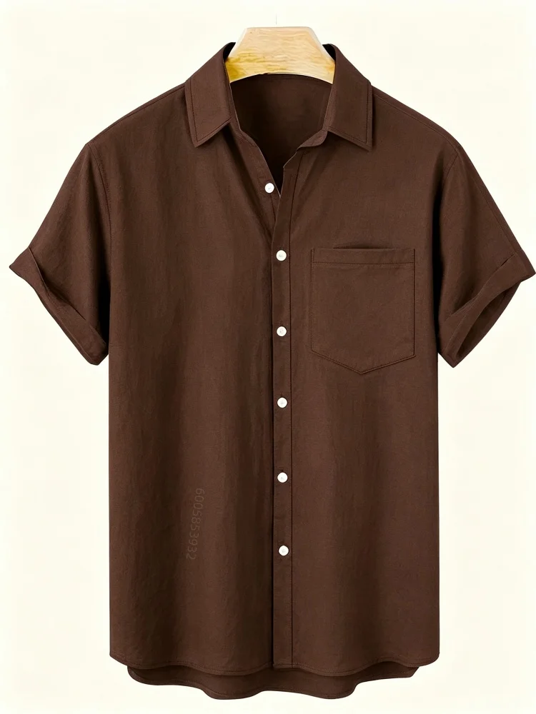 Men's solid color linen short sleeved shirt with a collar, chest pocket, button up cardigan, casual commuting vacation men's top