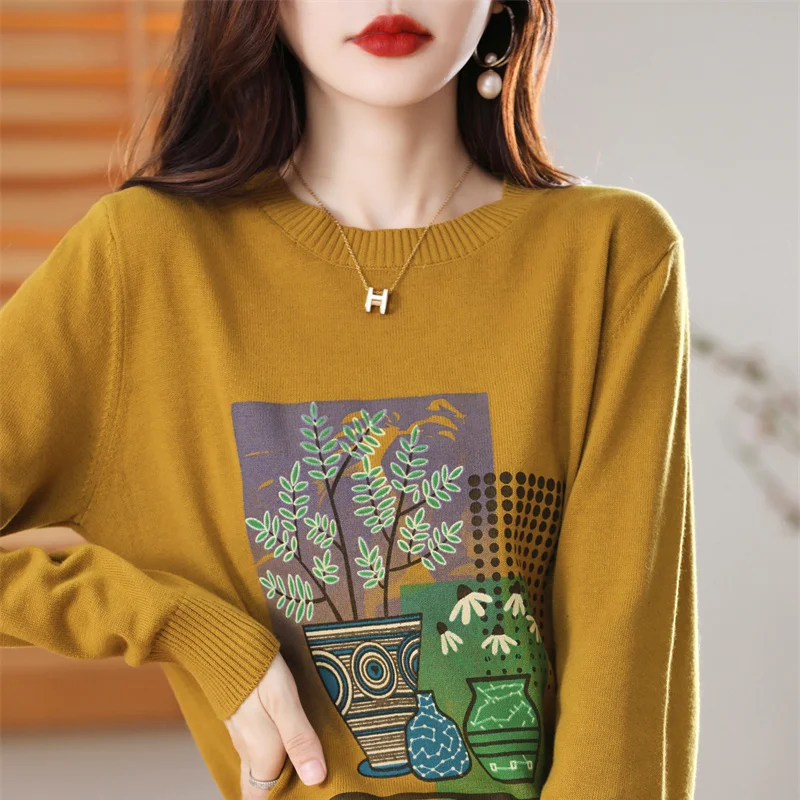 Autumn Round Neck Pattern Sweater Women's Temperament Knitted Light Cotton Pullover Fashion Top Winter Warm Bottoming Shirt