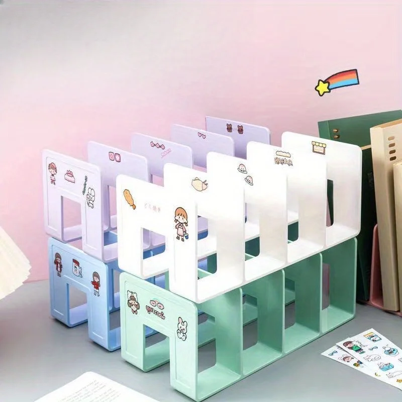 Cute Desktop File Organizer Rack Colorful Book Stand With Sticker Decor Perfect For Students Kids Aesthetic Desk Setup