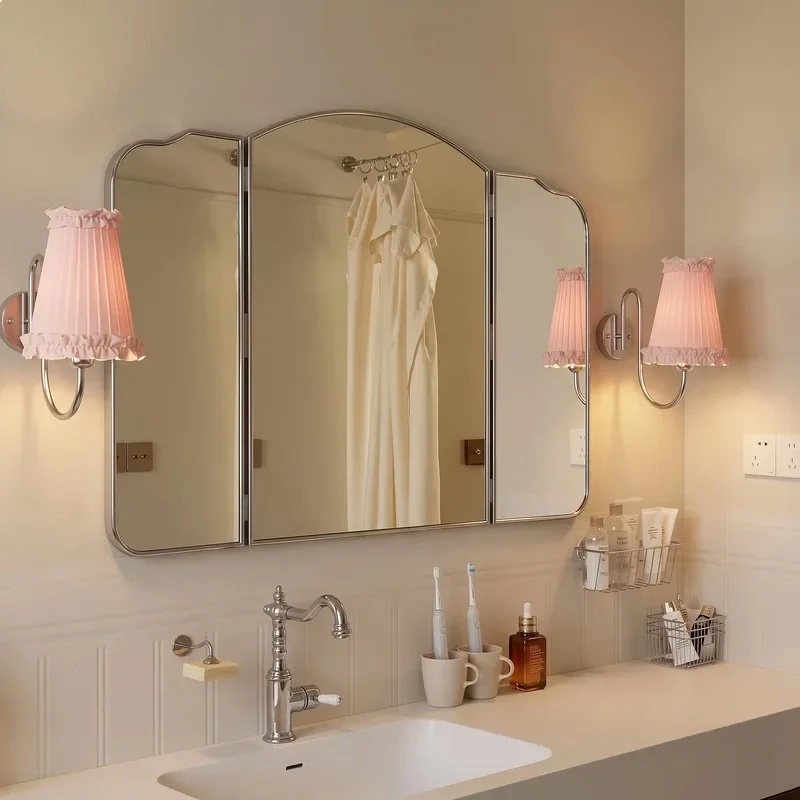 81 N French Retro Stainless Steel Triple Folding Mirror Wall Mount Bathroom Vanity Desk Decor