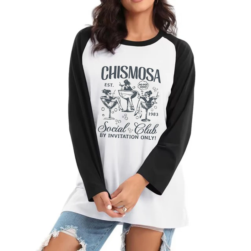 Lustiges Chismosa Social Club Langarm-T-Shirt für Damen, alle Jahreszeiten, Rundhals-T-Shirt, Vintage-Grafik-T-Shirt, Tops, T-Shirt, 90er-Jahre-Kleidung