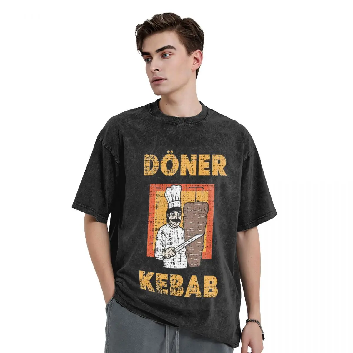 Funny Doner Kebab Cartoon Washed T Shirts Harajuku Short Sleeve Hip Hop T-Shirt Streetwear Tops Tees for Men Women