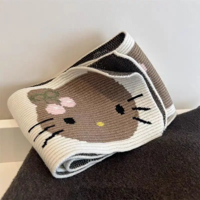 Hello Kitty Red Brown Keep Warm Autumn and Winter Cartoon Knit Pattern Scarf Decoration Collocation Cute Birthday Gift Couples ﻿