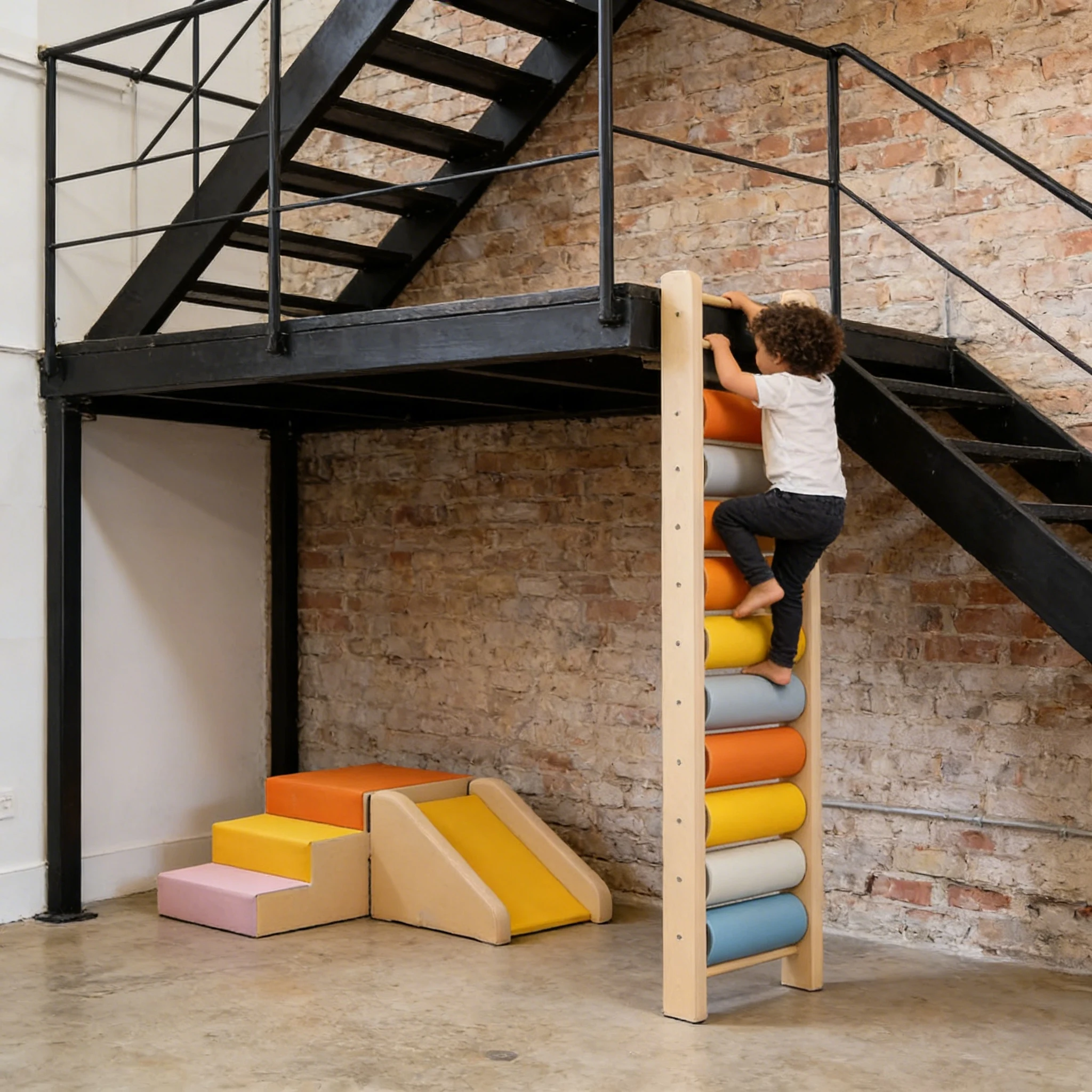 

Indoor Bouldering Style Climbing Set for Children With Crash Mats and Colorful Route Setting Options Indoors