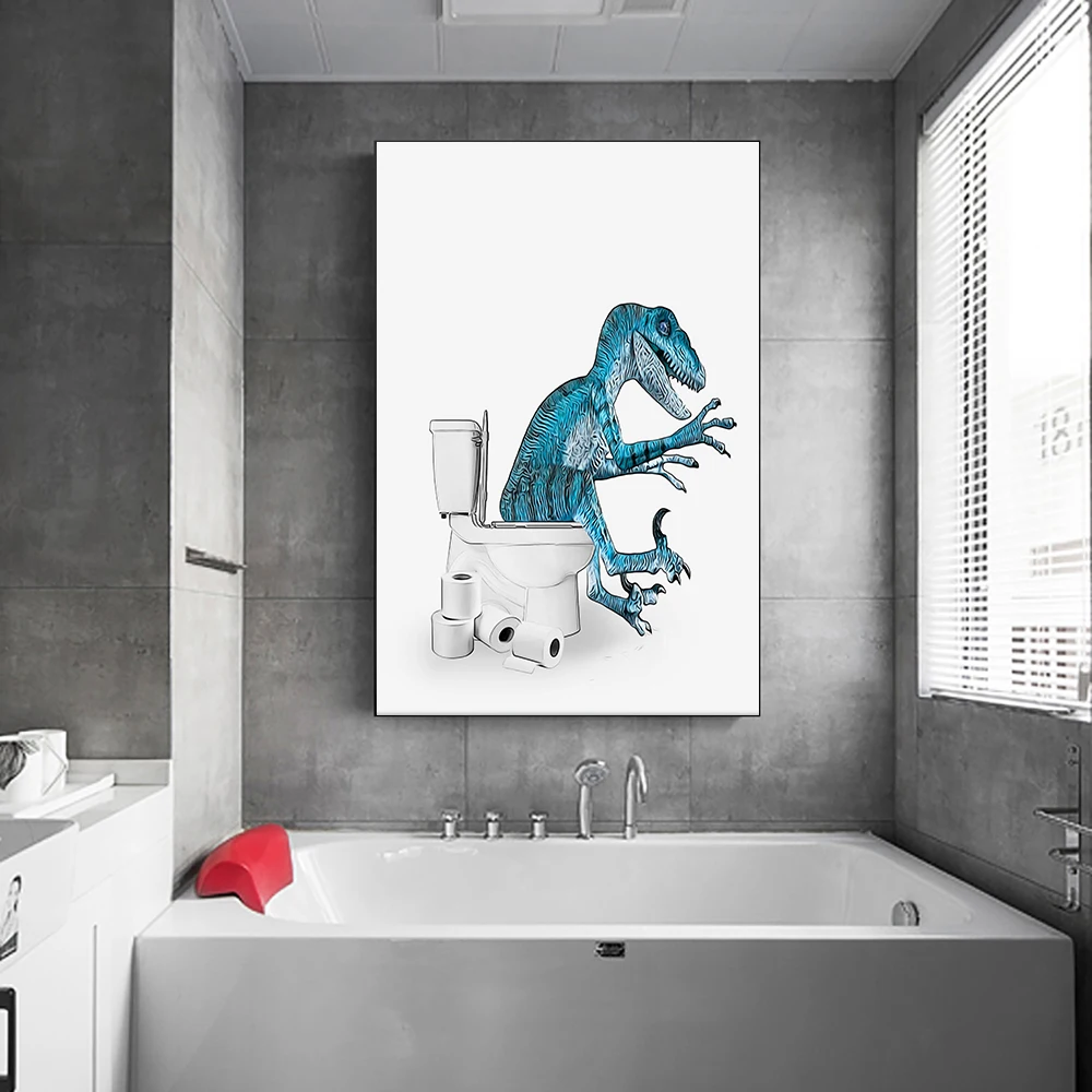 Dinosaur Funny Raccoon Rhino Art Poster Wall Canvas Painting Toilet Paper Animal Canvas Painting Bath Room Home Decor Black